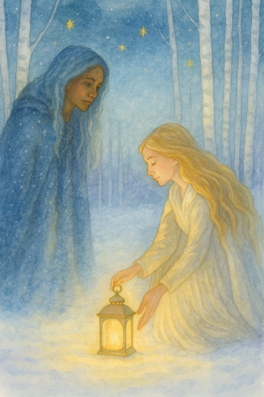 Brigid placing her lantern in the snow as the Cailleach watches. Behind, is a grove of birch trees and the shimmering stars of the midnight sky.