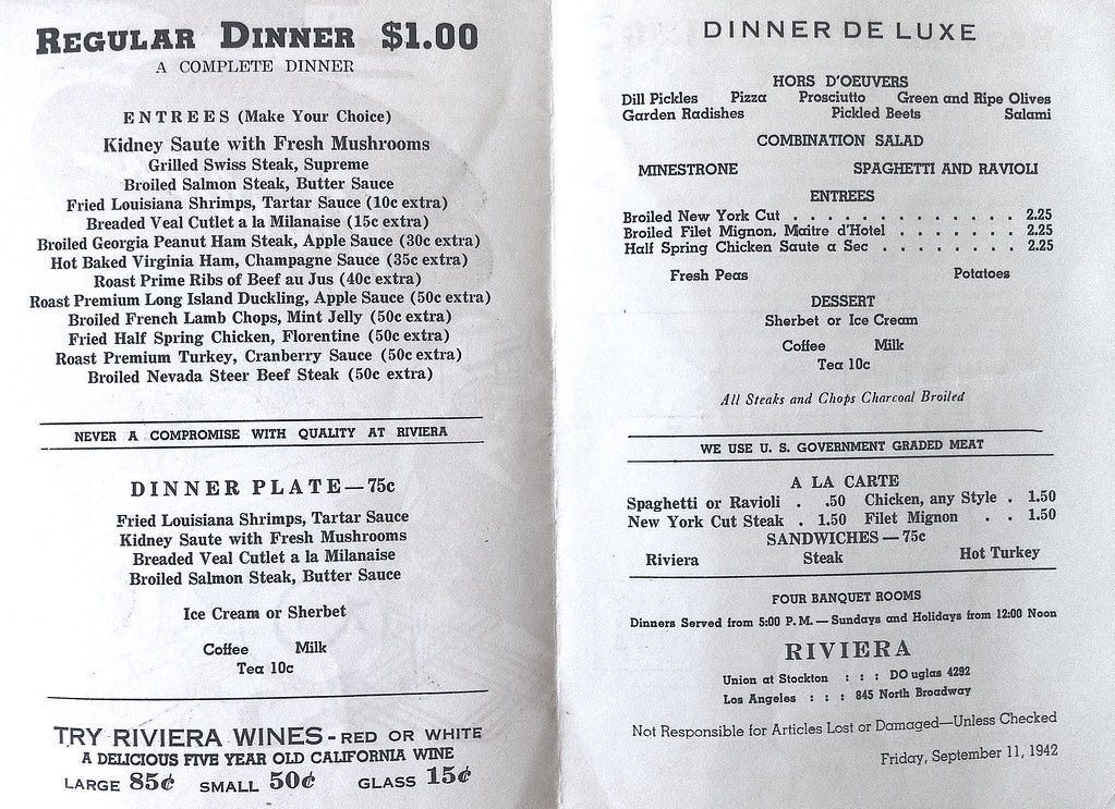 Riviera restaurant menu, Friday, Sept. 11, 1942 Riviera restaurant menu, Friday, Sept. 11, 1942