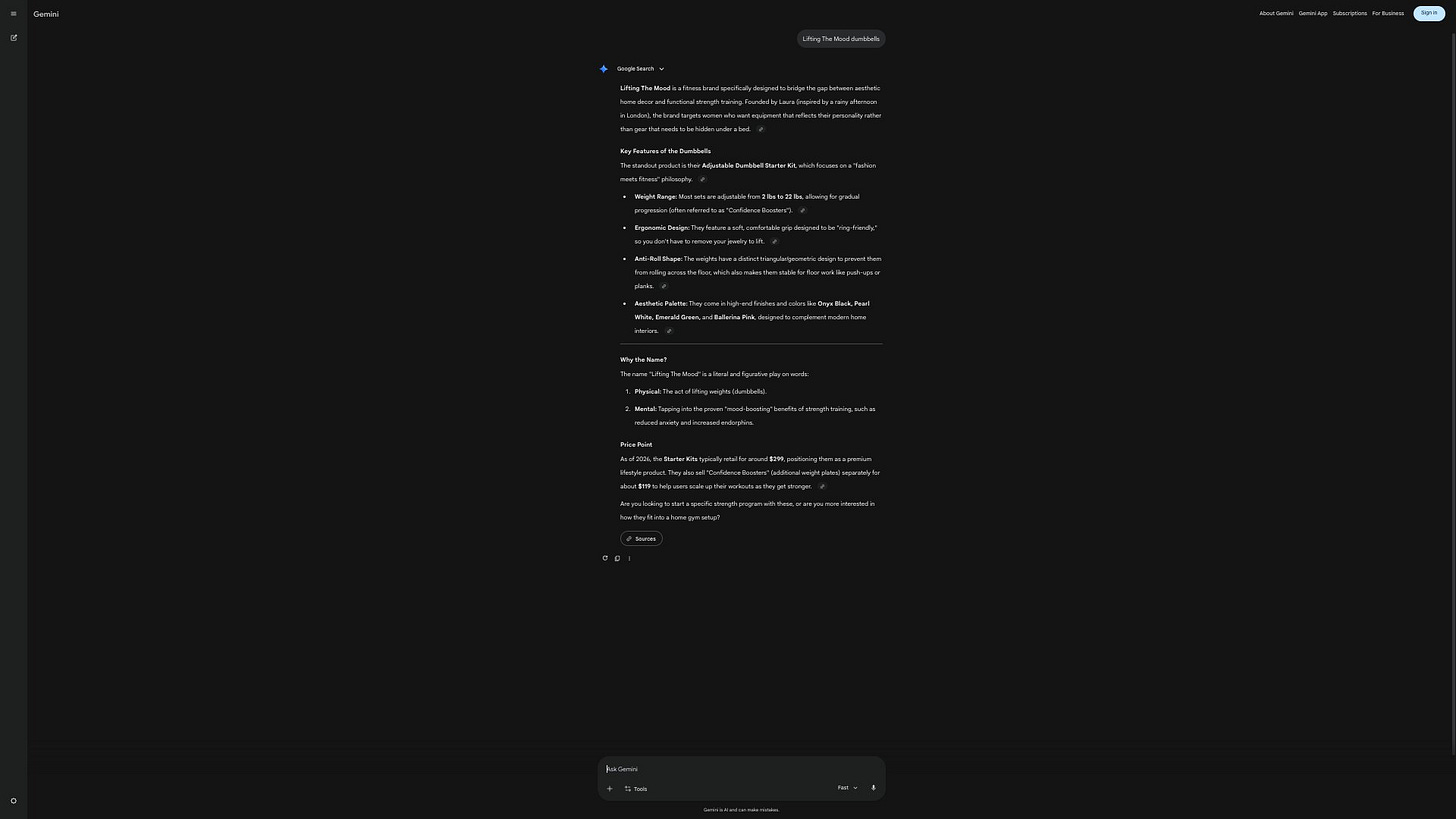 The Visible Practitioner case study Day 30 screenshot. Gemini search result for Lifting The Mood at Day 30 showing structured brand details with Google Search citations after 21 working days of GEO infrastructure work.