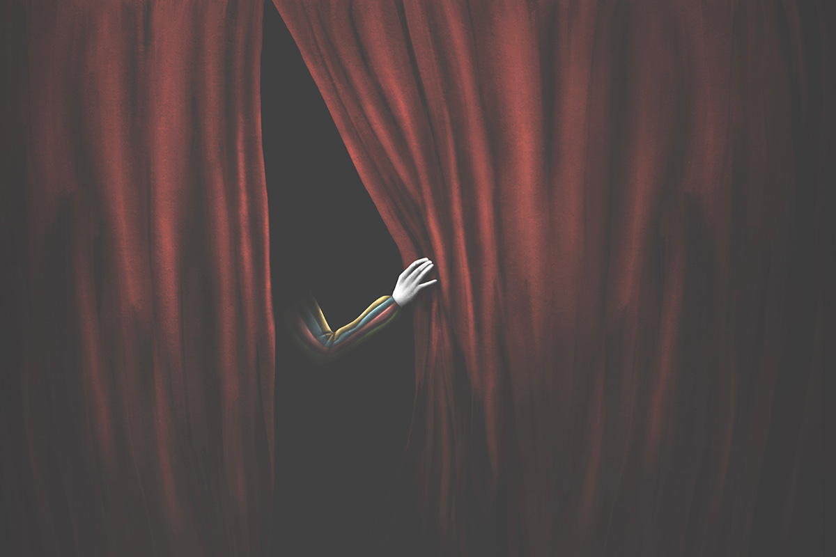 Behind the Scenes: Clown Hand Pulling Back Red Curtain on Stage