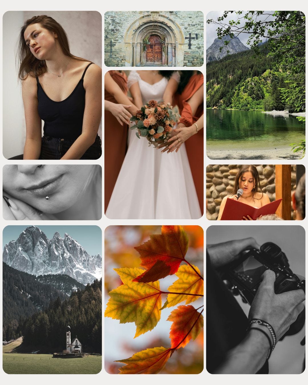 Mood board for a book about an autumn wedding in the dolomites, with a photographer and a wedding planner