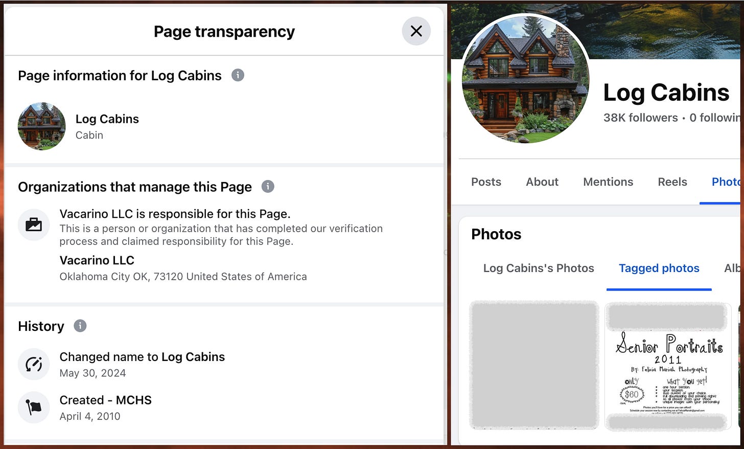 screenshot of the page transparency section for the Vacarino LLC-operated page "Log Cabins" showing the page was once named MCHS, and an old post indicating the MCHS page belonged to a high school