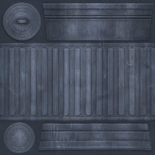 A game texture atlas of dark blue-grey riveted metal panels, showing a circular hatch with a handle in the top left, ribbed corrugated panels across the middle, a plain circular plate bottom left, and flat banded strips at top and bottom. No text visible.