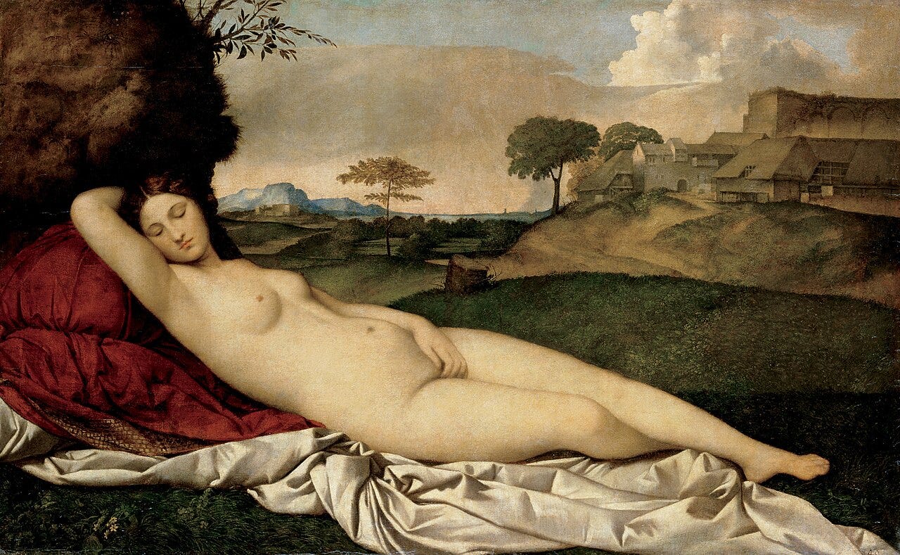 Giorgione's Sleeping Venus, a nude figure lying diagonally with eyes closed Giorgione's Sleeping Venus, a nude figure lying diagonally with eyes closed