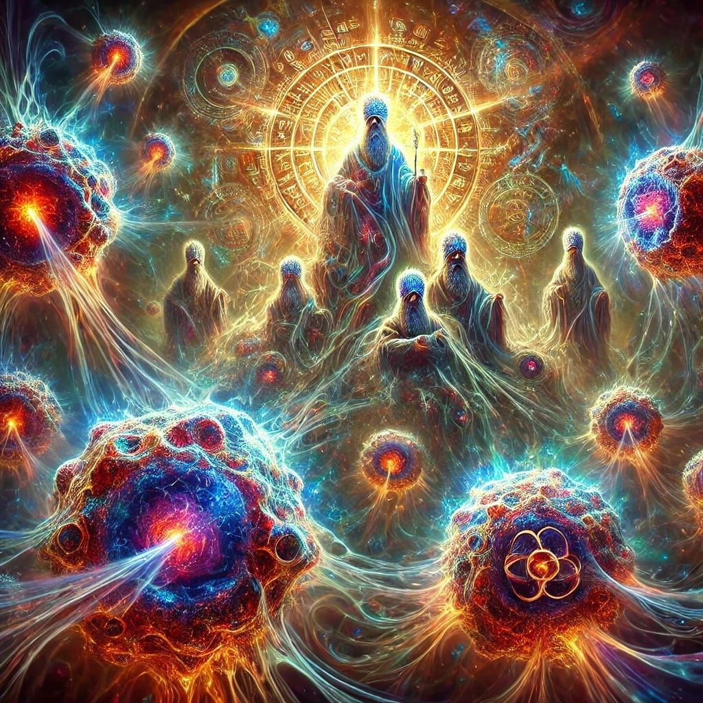 An abstract and awe-inspiring representation of religious leaders as cytotoxic T cells within a metaphorical immune system, symbolizing the removal of heretics (infected cells). The religious leaders are depicted as powerful, glowing T cells with intricate, sacred patterns etched into their surfaces, resembling holy symbols or ancient scripts. The infected cells, representing heretics, are darkened, corrupted entities being targeted by the glowing T cells, with a sense of energy and divine light emanating from the T cells as they perform their duty. The background is a swirling cosmic or spiritual landscape, with vibrant colors blending in a way that conveys both the complexity and the grandeur of this divine immune system at work. The overall image should be somewhat abstract, evoking a sense of reverence and the profound power of the immune system as a religious force.