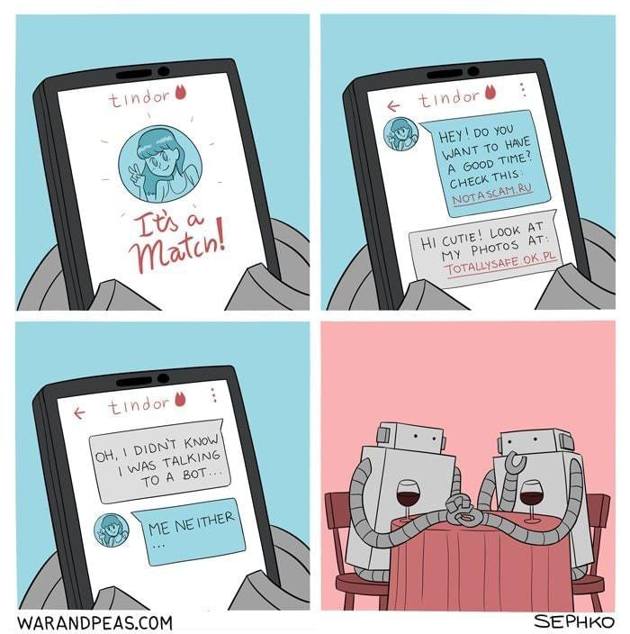 comic of two robots meeting on tinder, from warandpeas