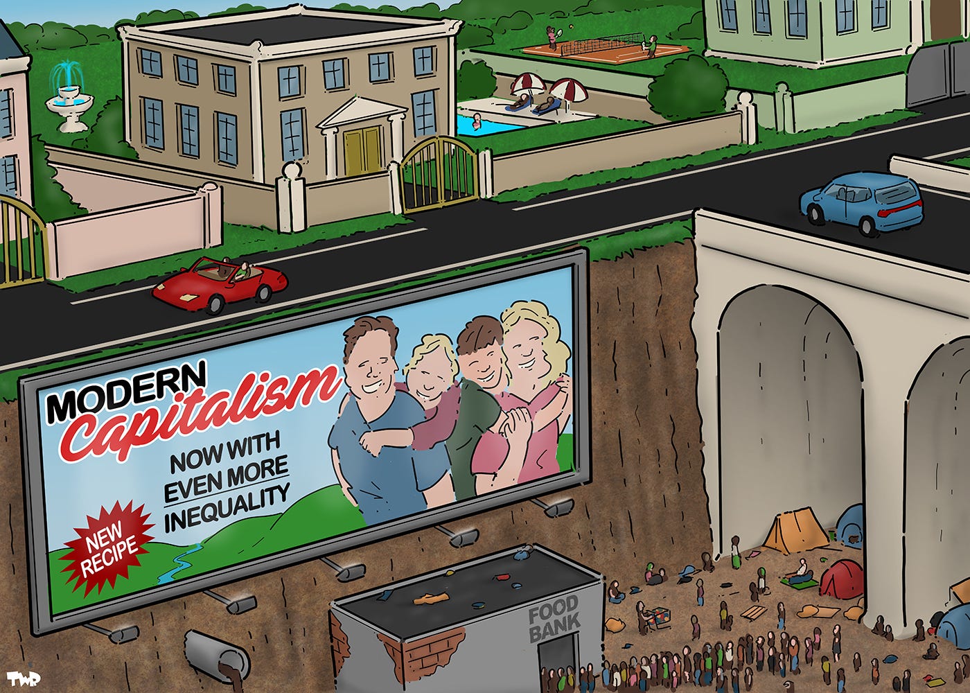 Cartoon showing a cliff with a giant billboard showing a happy family and the text 'Modern capitalism - new recipe - now with even more inequality'. At the bottom of the cliff people are living in tents and standing in line for the food bank , housed in a crumbling concrete building. At the top of the cliff, people are driving around in luxury cars on a road with mansions sporting green gardens with pools and tennis courts. Cartoon showing a cliff with a giant billboard showing a happy family and the text 'Modern capitalism - new recipe - now with even more inequality'. At the bottom of the cliff people are living in tents and standing in line for the food bank , housed in a crumbling concrete building. At the top of the cliff, people are driving around in luxury cars on a road with mansions sporting green gardens with pools and tennis courts.