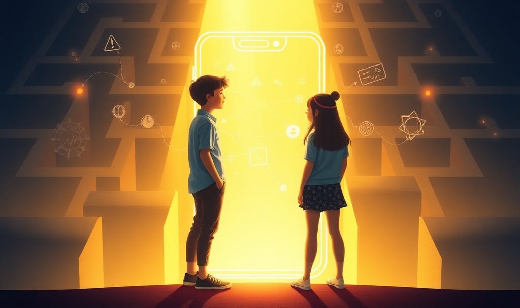 A 16-year-old standing at the edge of a glowing smartphone screen shaped like a maze.