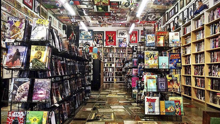 Comic book store guide for graphic novels and superhero sagas