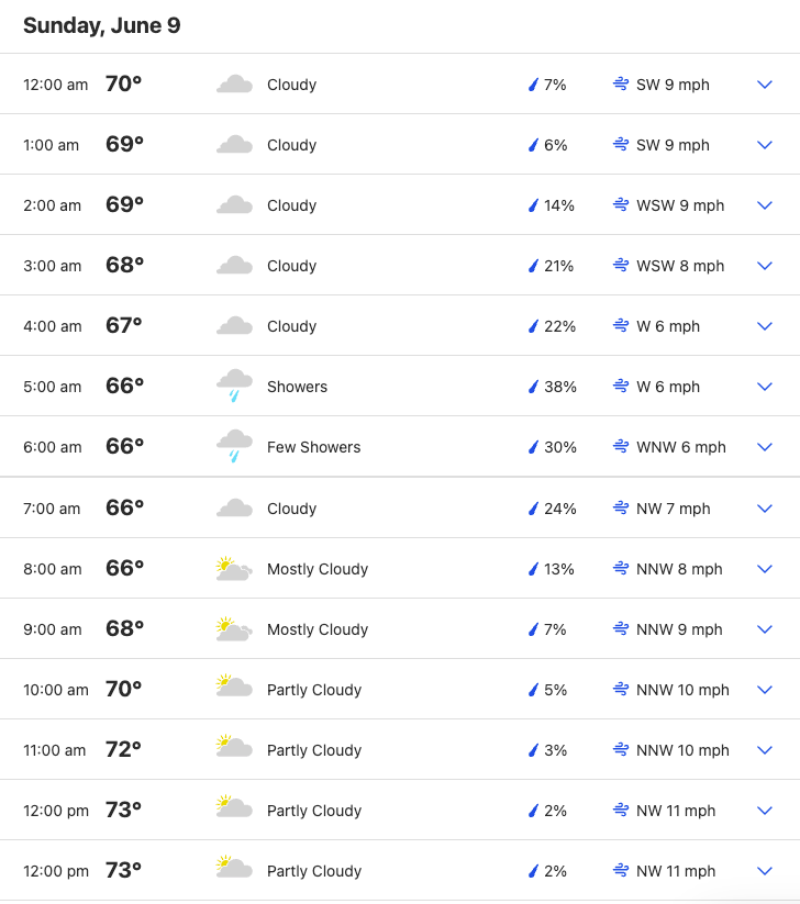 Hourly forecast for Sunday June 9 from weather.com