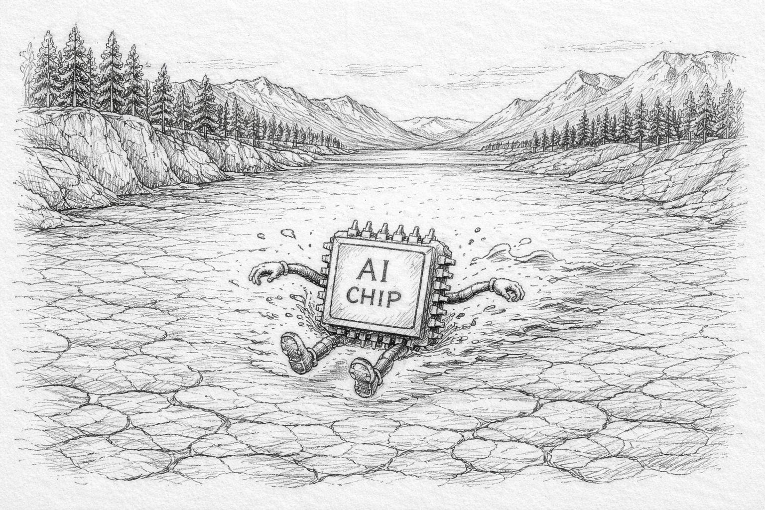 An AI chip sitting in the middle of an empty lake that it has wiped out from water.
