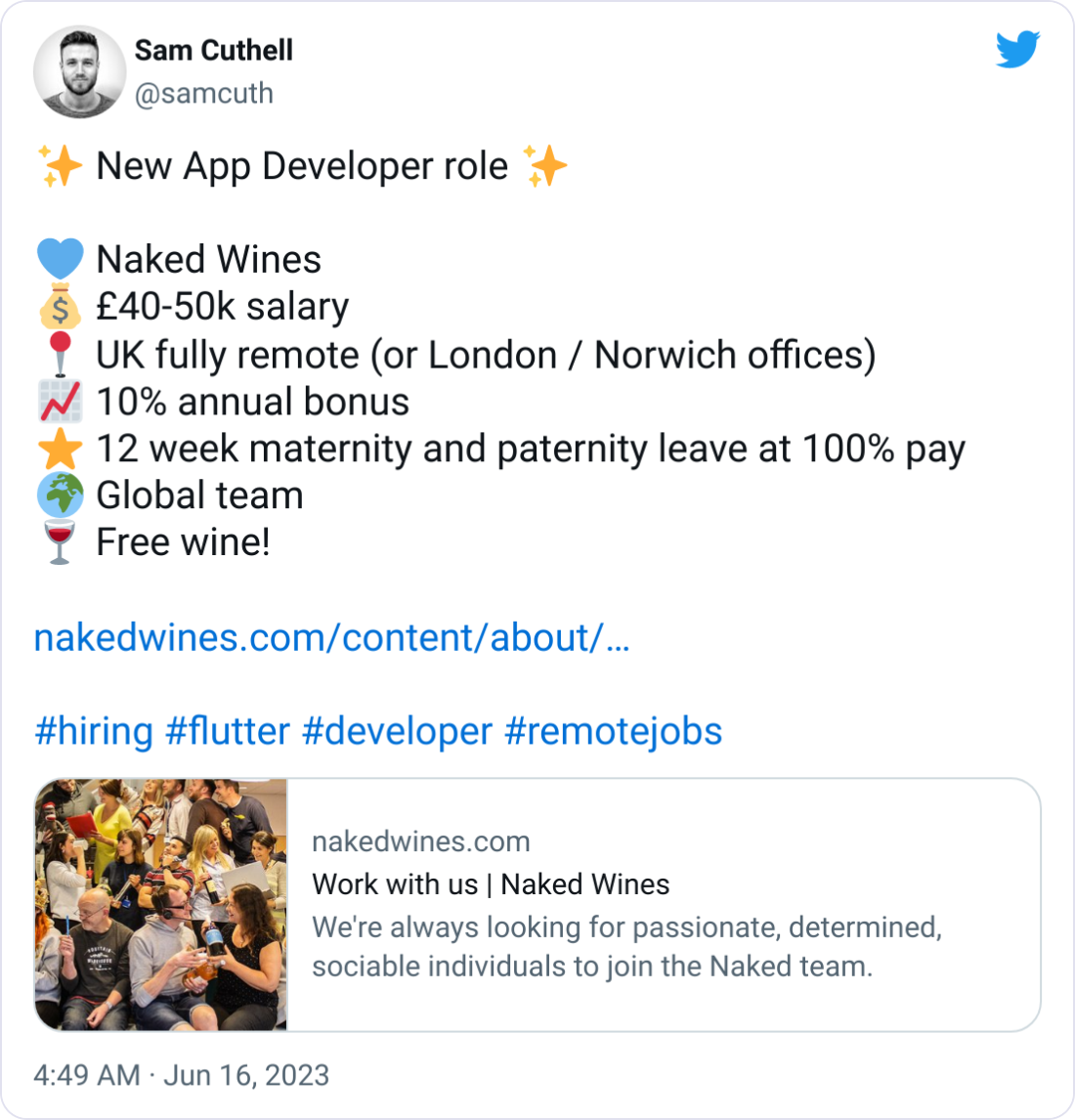 Sam Cuthell @samcuth β¨ New App Developer role β¨ π Naked Wines π° Β£40-50k salary π UK fully remote (or London / Norwich offices) π 10% annual bonus βοΈ 12 week maternity and paternity leave at 100% pay π Global team π· Free wine! https://nakedwines.com/content/about/jobs/mobile-app-developer #hiring #flutter #developer #remotejobs Sam Cuthell @samcuth β¨ New App Developer role β¨ π Naked Wines π° Β£40-50k salary π UK fully remote (or London / Norwich offices) π 10% annual bonus βοΈ 12 week maternity and paternity leave at 100% pay π Global team π· Free wine! https://nakedwines.com/content/about/jobs/mobile-app-developer #hiring #flutter #developer #remotejobs