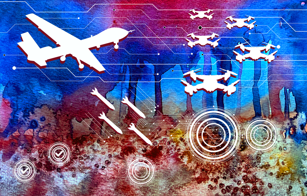 White silhouettes of a UAV, drones, and missiles with red shadows atop a vibrant and chaotic watercolor background. Circuit and target graphics suggest open and hit targets. 