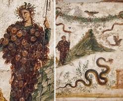 Bacchus (Dionysus) god of wine and revelry at the foot of Mt Vesuvius in the presence of the guardian serpent of wheat crops and vineyards, Agathodaemon, from the Lararium of the House Bacchus (Dionysus) god of wine and revelry at the foot of Mt Vesuvius in the presence of the guardian serpent of wheat crops and vineyards, Agathodaemon, from the Lararium of the House