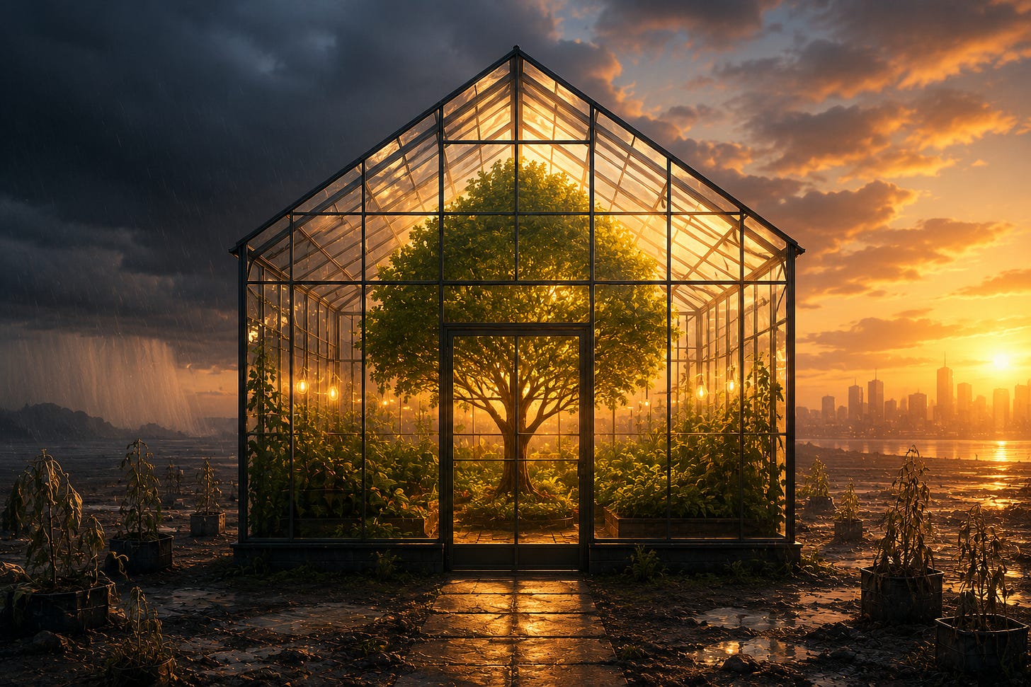 A glowing glass greenhouse with a thriving green tree inside stands in a stormy, barren landscape at sunset. Warm light pours from within while rain falls outside, symbolizing the creation of nurturing environments where people and organizations can flourish amid challenging conditions.