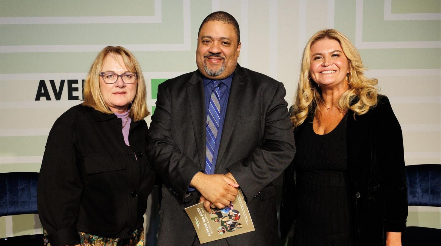 Dede Agar, Alvin Bragg, and moderator Monica Morales participating in a panel at Avenues for Justice’s 2024 gala.