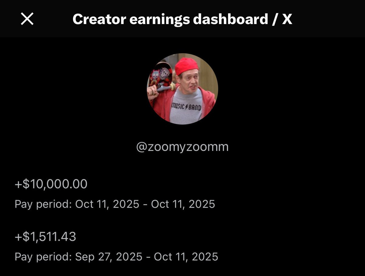 Screenshot of X creator earnings dashboard with profile image of person in red beret and shirt holding microphone labeled zoomyzoomm and username @zoomyzoomm. Displays total earnings of $10000.00 for pay period October 11 2025 to November 2025 and $1143.00 for September 27 2025 to October 11 2025. Black background with white text and green plus signs for earnings.