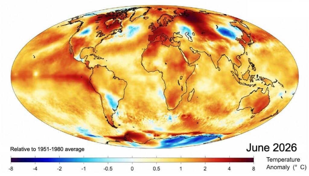 Figure 1. In June 2026, elevated temperatures were present in most regions. Source: Modified from Berkely Earth