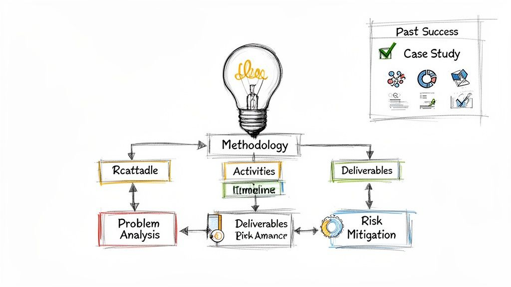 Flowchart outlining a consulting proposal methodology, covering problem analysis, activities, deliverables, and risk mitigation.