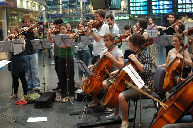 An orchestra at Piccadilly Station. An orchestra at Piccadilly Station.