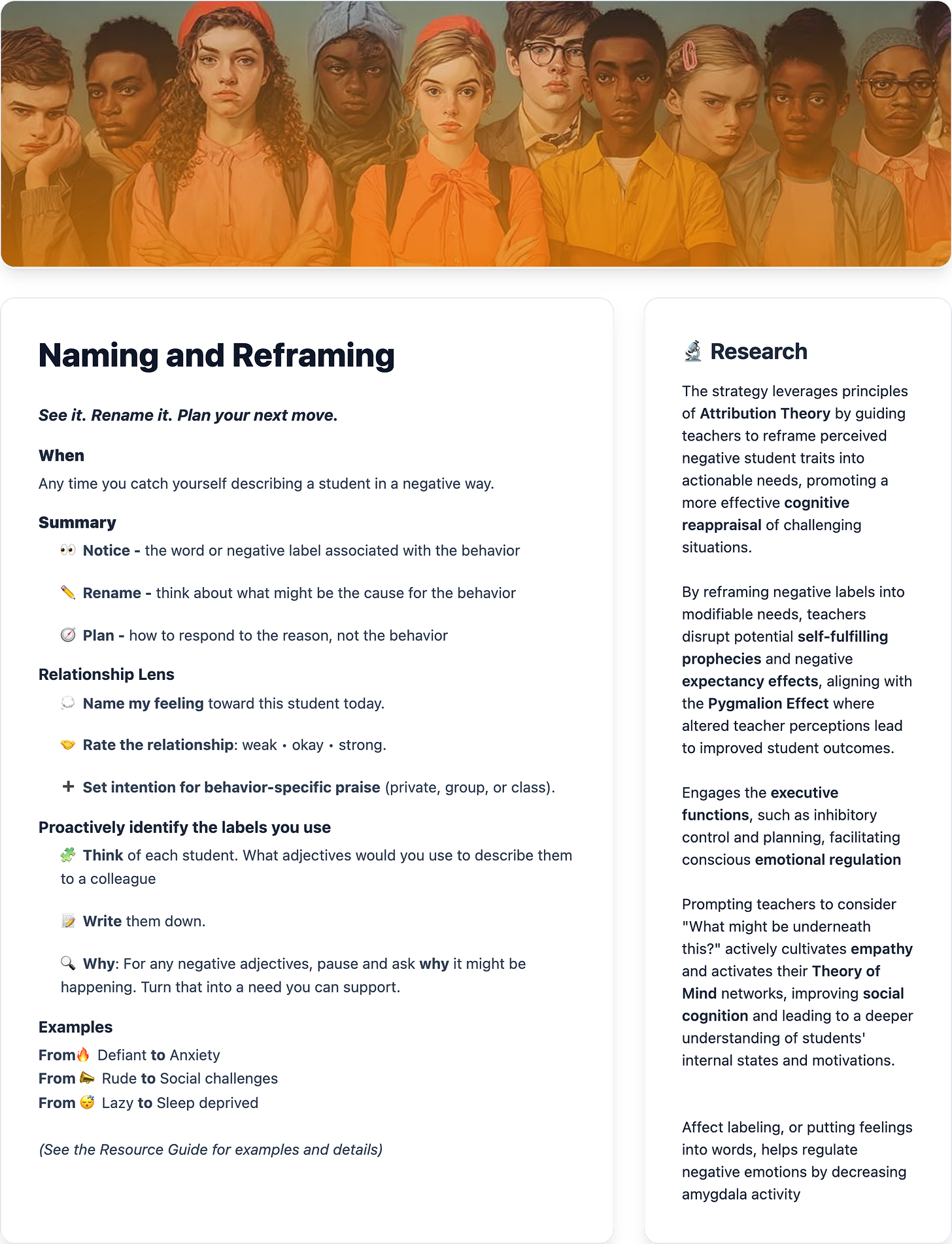 A teacher strategy card showing four steps to notice a label, rename it as a need, and plan one short response line. A teacher strategy card showing four steps to notice a label, rename it as a need, and plan one short response line.