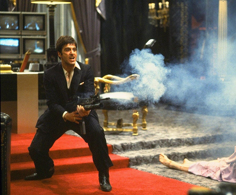 Al Pacino As Tony Montana With Machine Gun Blasting His Fellow Bad Guys  Scarface 1983 by David Lee Guss - Royalty Free and Rights Managed Licenses