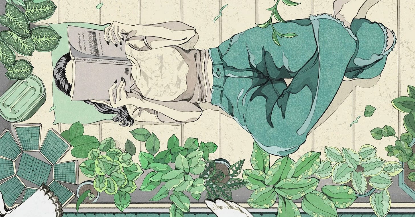 An illustration of a woman lying on her back reading by Weston Wei An illustration of a woman lying on her back reading by Weston Wei