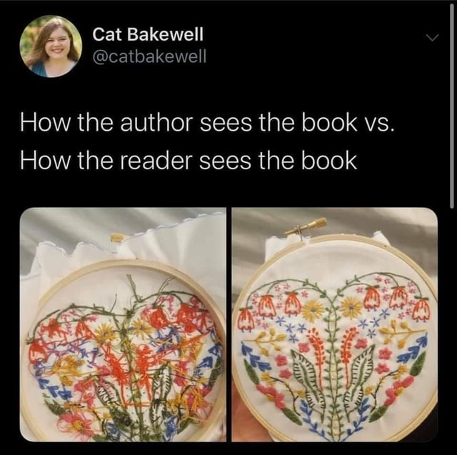 r/ProgrammerHumor - Cat Bakewell How the author sees the book vs. How the reader sees the book