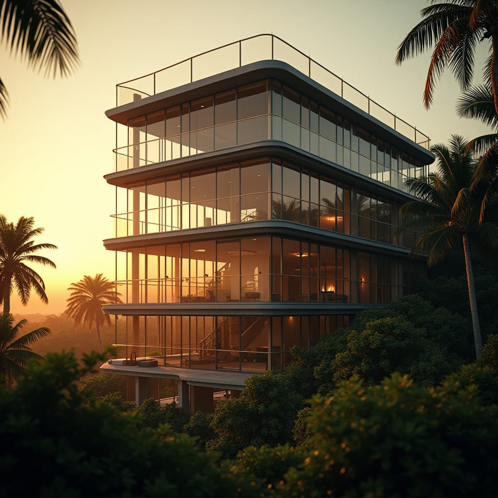 Majestic modern Jamaican Steel Frame multistory glass Home, bathed in warm, golden cinematic light