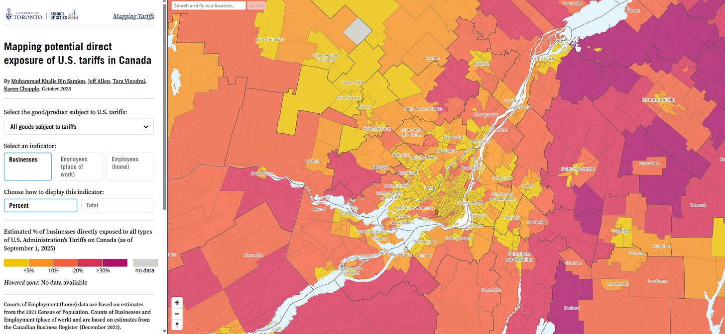 A screen capture of the UofT School of Cities site "Mapping potential direct exposure of U.S. tariffs in Canada"