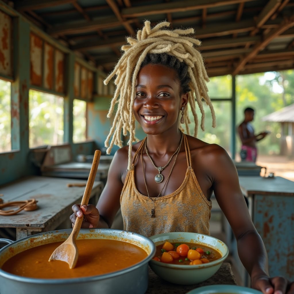 n a worn, rusty zinc-roofed roadside eatery, surrounded by a patchwork of plywood and corrugated metal, a stunning woman with a crown of thick, white dreadlocks serves steaming bowls of soup from a large, wooden ladle. Her bright, hazel eyes sparkle with warmth as she interacts with the patrons, her skin glowing with a radiant, sun-kissed complexion. The camera captures her in a breathtaking, cinematic moment, as if frozen in time, with the soft, golden light of the Jamaican sun casting a warm glow on the entire scene. Inspired by the gritty, yet elegant aesthetic of cinematographers like Emmanuel Lubezki and Roger Deakins, with a dash of the vibrant, Caribbean colors reminiscent of artists like Ash Thorp and Simon Stalenhag, this image is a masterpiece of cinematic storytelling, with a color palette that is at once earthy, yet epic, and a texture that evokes the grainy, filmic quality of a 35mm film, shot on a v-raptor XL, with a subtle vignette and careful post-processing to enhance the mood and atmosphere of the scene.