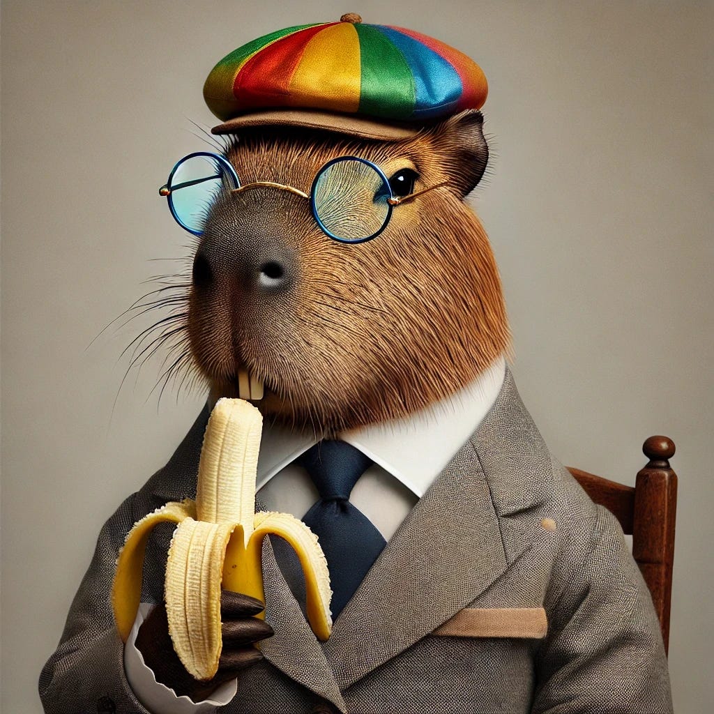 A chubby capybara dressed in a formal 1860s-style suit, resembling a journalist from that era. The capybara wears blue-rimmed glasses with clear lenses and has a multicolored, iridescent cap without any text. It is eating a banana with the peel still on. The background is neutral.
