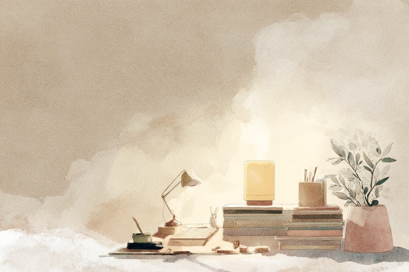 watercolor illustration of a small capsule-like device on a neutral office desk with soft light and faint steam rising from the top