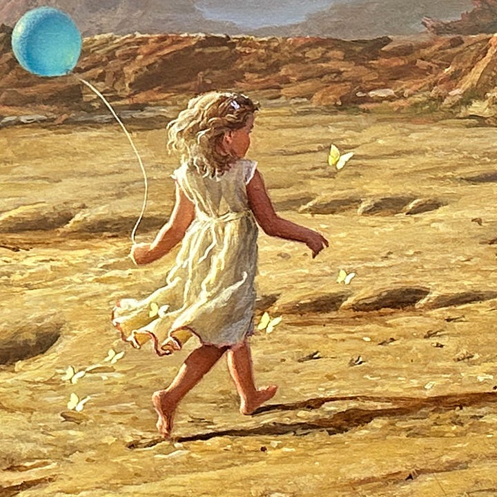 LEFT: Detail from FOOTSTEPS featuring a girl trailing a flight of butterflies as she glides over arid ground. Sunken around here are deep impressions of dinosaur footprints. Delicately she holds the string of a pale blue balloon, a striking cool contrast against the yellows and oranges of the background—a sip of color in the dry background around her. RIGHT: Figure detail from FOOTSTEPS featuring the motion of the girl’s blonde hair bobbing en masse with her motion. The hem of her dress similarly bounces behind her revealing her bare calves and feet.