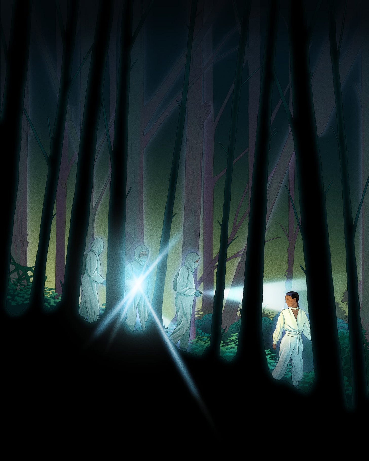 An illustration of a woman in white walking through a dark, thick forest, illuminated from behind by a flashlight held by a figure wearing a white hazmat-style bodysuit. Two other suited figures carrying flashlights follow behind. An illustration of a woman in white walking through a dark, thick forest, illuminated from behind by a flashlight held by a figure wearing a white hazmat-style bodysuit. Two other suited figures carrying flashlights follow behind.