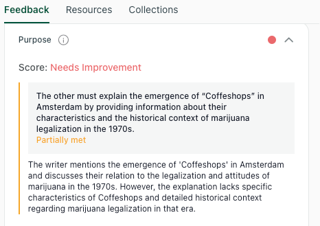 thesify feedback panel showing “Purpose” needs improvement with guidance to explain Coffeeshops in Amsterdam and the 1970s legalization context.