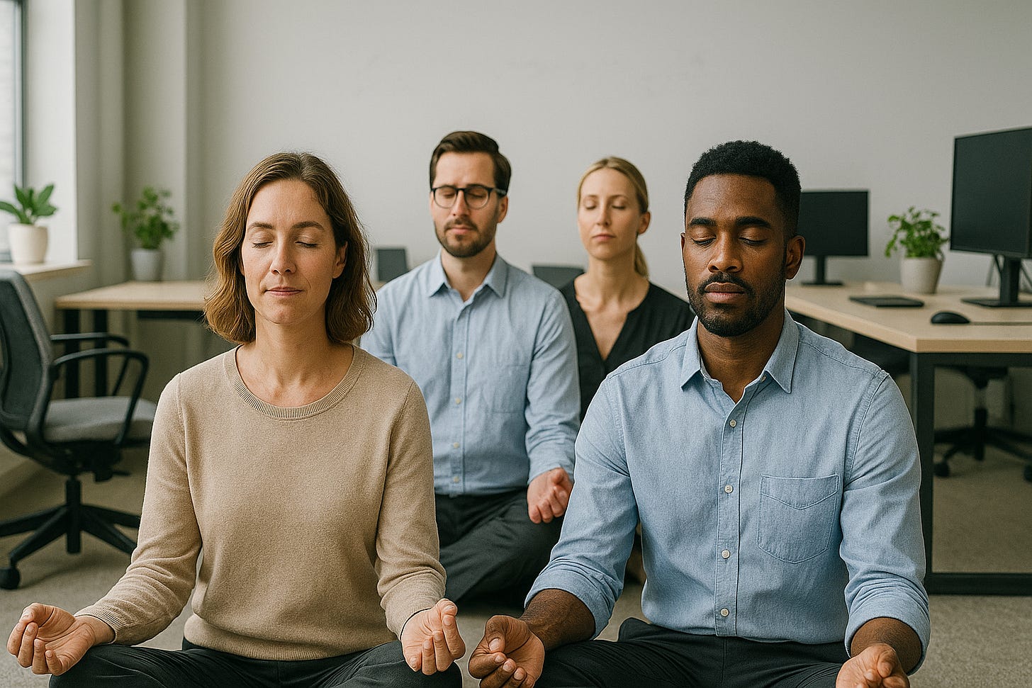 Vier Mitarbeitende eines agilen Teams sitzen in einem modernen Büro mit geöffneten Laptops und Pflanzen im Hintergrund, alle im Schneidersitz und mit geschlossenen Augen, während sie eine geführte Achtsamkeitsübung durchführen – eine Achtsamkeit im Büro agile Teams Anleitung, die Ruhe und Fokus fördert.