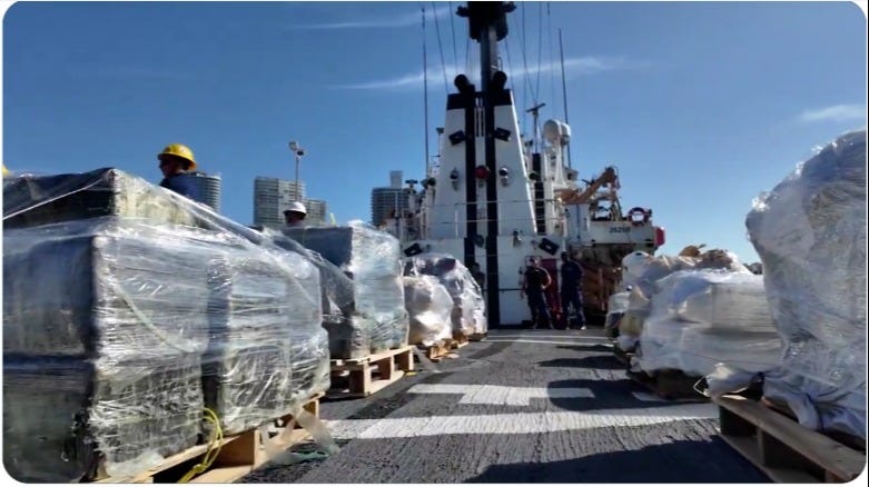 Pallets of cocaine line the deck of the US Coast Guard Cutter Valiant on its return from a Carribbean Patrol to Miami last week.