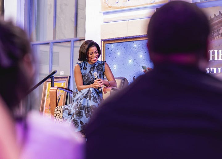 Keke Palmer being interviewed live by Dr Chanda at Wilmington Public Library.