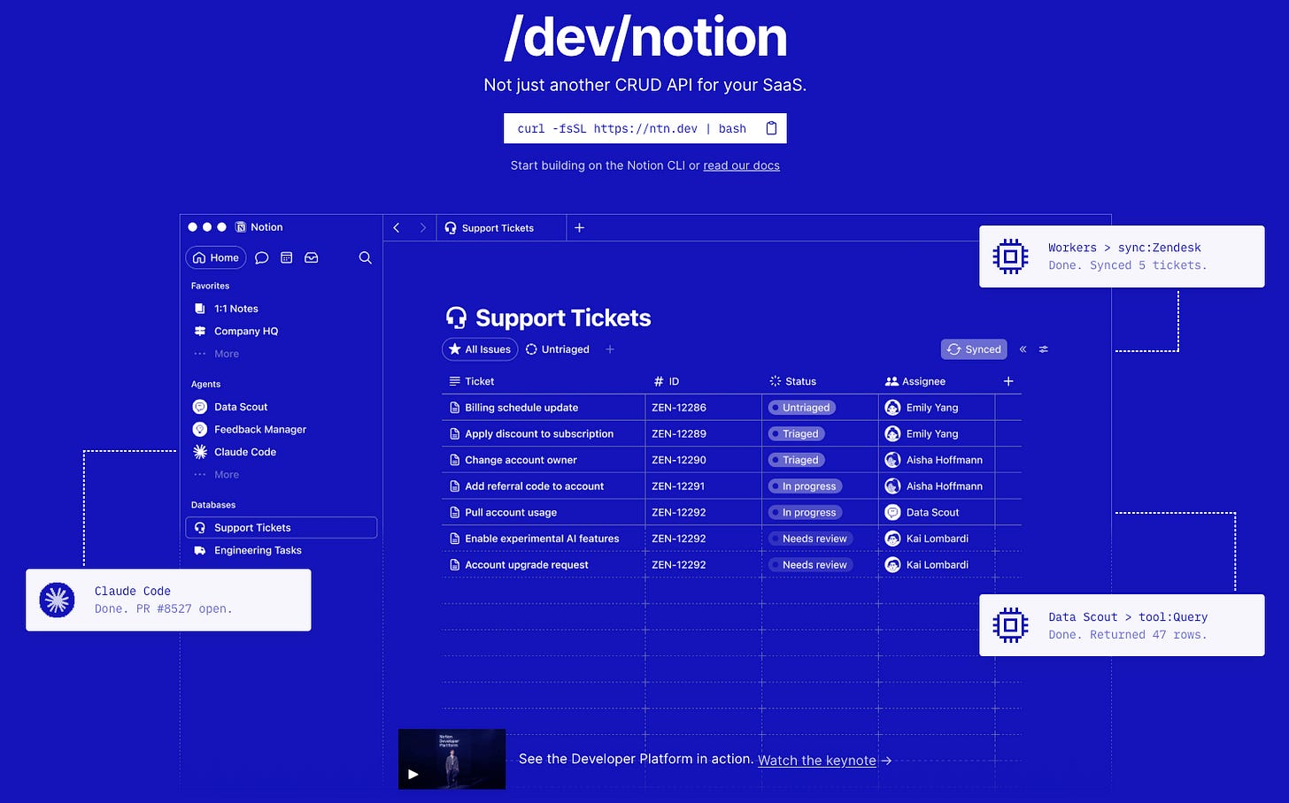 Notion CLI developer page showing Claude Code and agent workflows connected to a Notion support tickets database