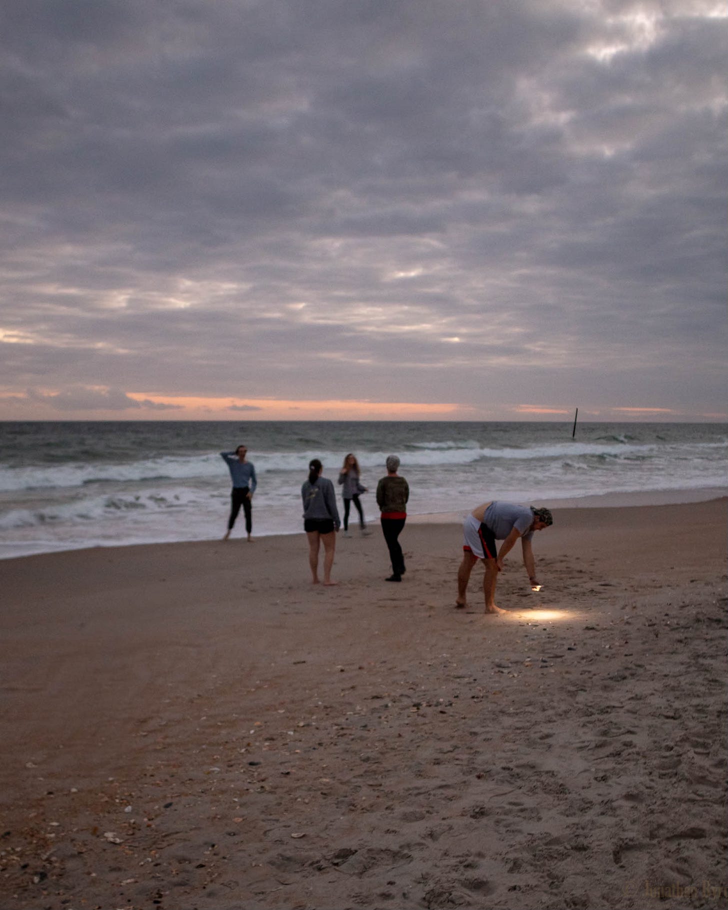 Group of people on a beach. Someone searches the sand with a flashlight