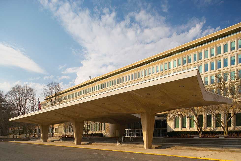 An angled view of the original CIA Headquarters Building during the day. An angled view of the original CIA Headquarters Building during the day.