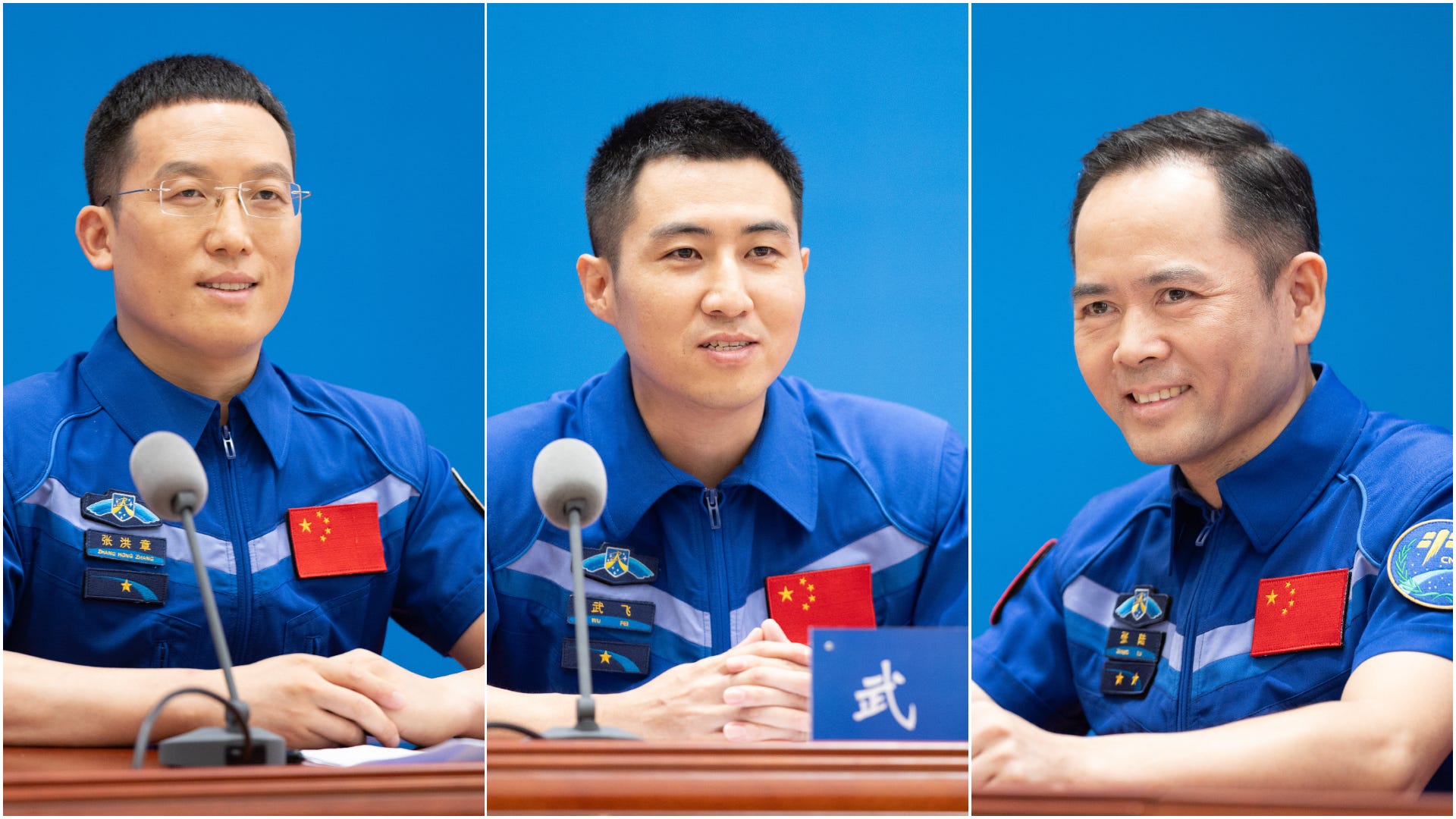 Shenzhou-21’s Zhang Hongzhang (left), Wu Fei (center), and Zhang Lu (right) answering questions from the press on August 5th 2026. Shenzhou-21’s Zhang Hongzhang (left), Wu Fei (center), and Zhang Lu (right) answering questions from the press on August 5th 2026.