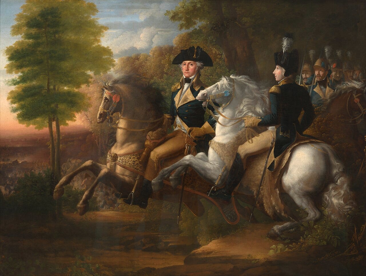 Dark painting of two men on horses