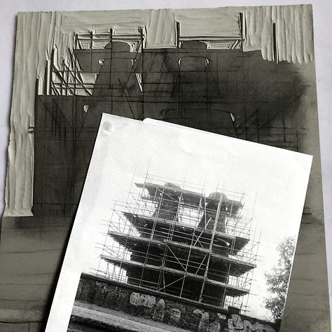 Five photos - 1. top to bottom, bands of light blue, warm light yellow, light green in the centre then yellow and blue reflected in water. 2. Black and white photo of the scaffolding-clad kilns lying on top of the block of lino with the beginnings of scaffolding showing at the top.. 3. the striped background with the completed silhouette printed in grey on it. 4. The same silhouette in yellow on white paper. 5. The same again with light silvery grey on white paper.