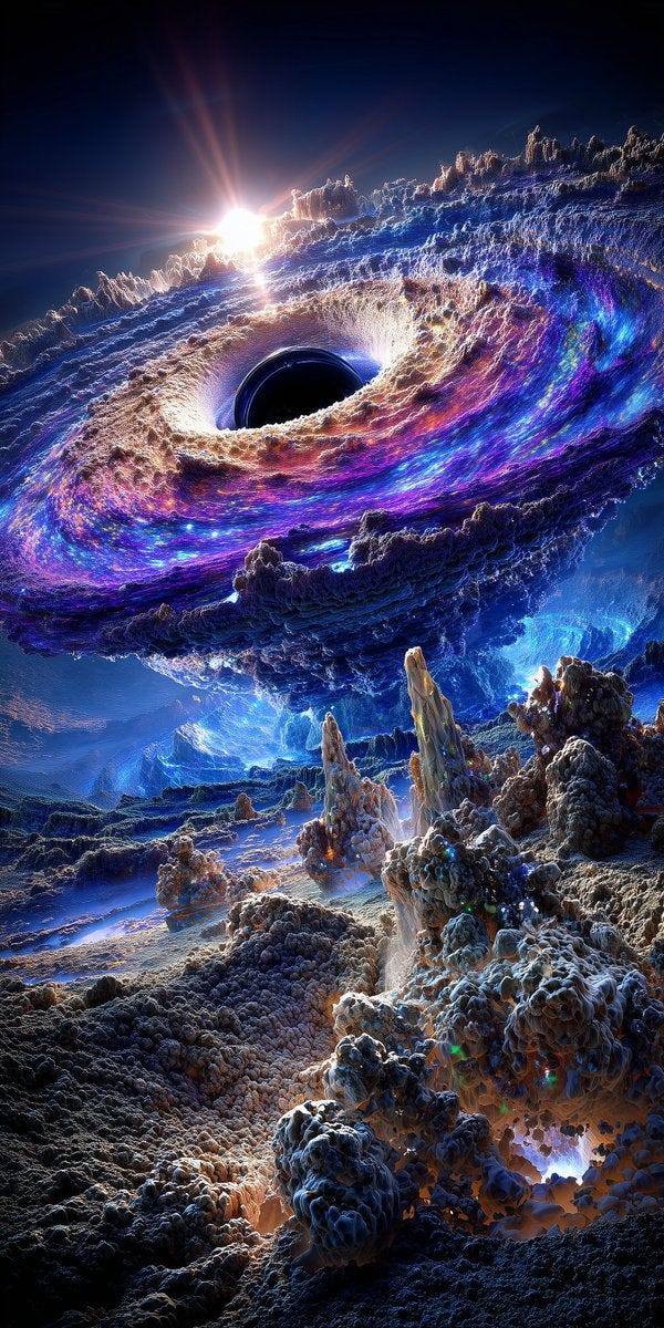 This may contain: an artist's rendering of a black hole in the sky with colorful swirls