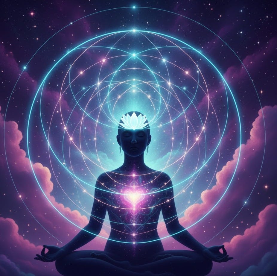 a gender-neutral silhouette sitting in the lotus position and radiating light waves, symbolizing clarity in the quiet space where awareness becomes knowing.