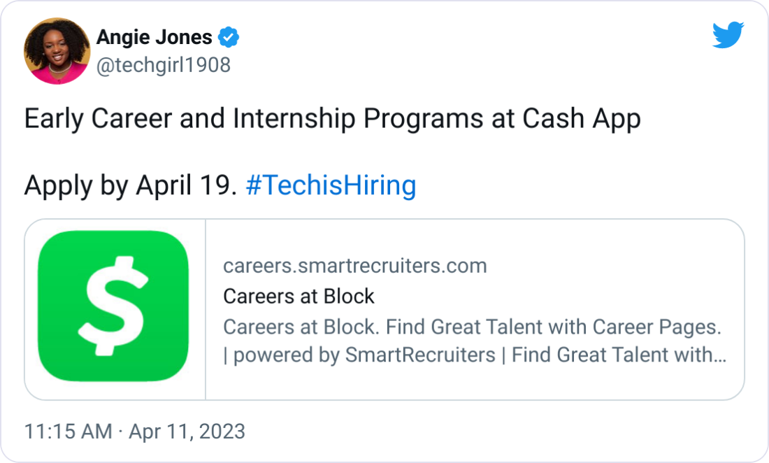 Early Career and Internship Programs at Cash App Apply by April 19. #TechisHiring Early Career and Internship Programs at Cash App Apply by April 19. #TechisHiring