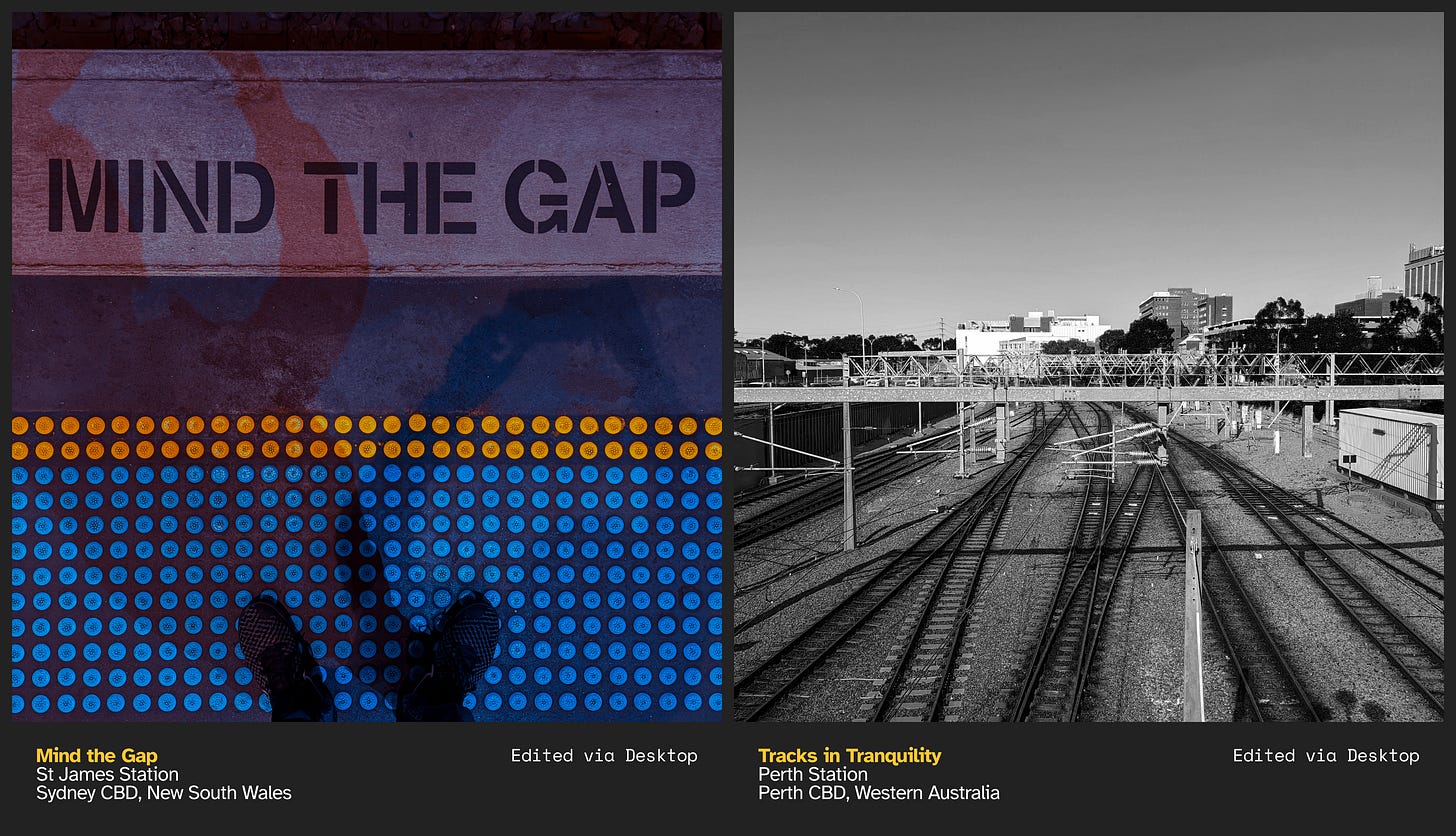 Left: A direct top-down view of a train station platform. The top says "Mind the Gap" with the yellow and blue tactile marking line at the lower half. A pair of shoes can also be seen on the blue line; Right: Multiple tracks converge or branch out into the distance with overhead electrical lines on top of them. Also seen from a distance are multiple buildings