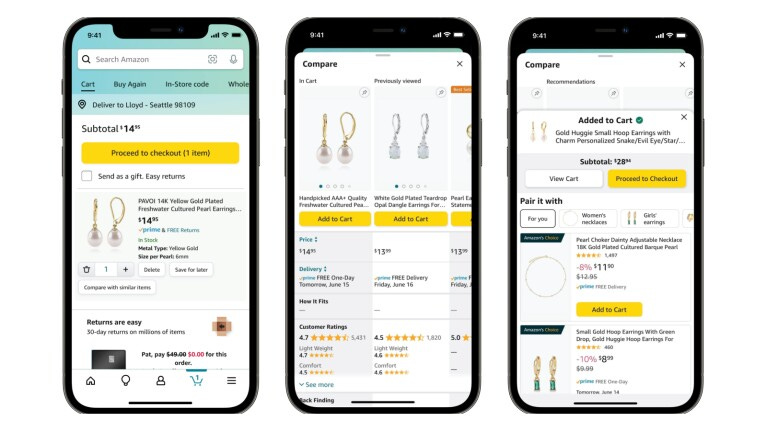 three different amazon app screens next to each other showing how you can compare similar items and then add the best one to your cart three different amazon app screens next to each other showing how you can compare similar items and then add the best one to your cart
